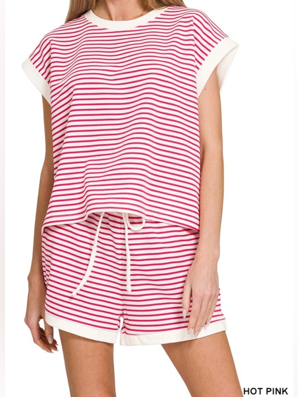 Zenana Outfitters Hot Pink and White Striped Short Set - Picture 1 of 2